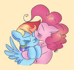 Size: 1300x1237 | Tagged: safe, artist:drawbauchery, pinkie pie, rainbow dash, earth pony, pegasus, pony, g4, blushing, bust, cute, duo, eyes closed, female, forehead kiss, hug, kissing, lesbian, mare, ship:pinkiedash, shipping, simple background, wavy mouth, wings, yellow background