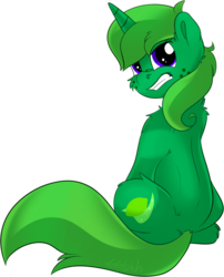 Size: 707x877 | Tagged: safe, artist:xgglitch, oc, oc only, oc:lime dream, pony, unicorn, angry, cutie mark, female, freckles, green fur, looking at you, looking back, mare, purple eyes, simple background, sitting, solo, teeth, transparent background