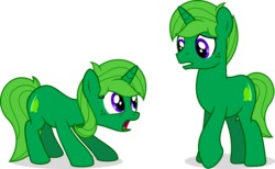 Size: 2546x1567 | Tagged: safe, artist:limedreaming, oc, oc only, oc:lime dream, pony, unicorn, duality, female, first meeting, freckles, green fur, male, mare, oh my gosh, purple eyes, rule 63, self ponidox, shocked, simple background, stallion, transparent background, vector