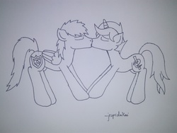 Size: 4160x3120 | Tagged: safe, artist:jrapcdaikari, oc, oc only, oc:gravity check, oc:paladin colt, pegasus, pony, unicorn, black and white, gay, grayscale, kissing, male, monochrome, shipping, traditional art