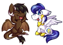 Size: 307x216 | Tagged: safe, artist:jetjetj, oc, oc only, oc:onyx quill, oc:swift seraphic, dracony, hybrid, kirin, pegasus, pony, body armor, chibi, claws, cute, pixel art, simple background, swyx, tongue out, transparent background, wings