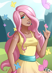 Size: 900x1272 | Tagged: safe, artist:emberfan11, fluttershy, butterfly, human, g4, alternative cutie mark placement, clothes, dark skin, dress, ear piercing, earring, female, hair over one eye, humanized, jewelry, looking at you, piercing, smiling, solo
