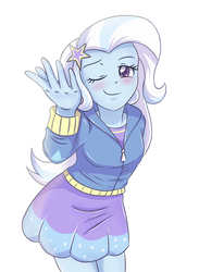 Size: 2858x3896 | Tagged: safe, artist:sumin6301, trixie, equestria girls, g4, beautiful, blushing, clothes, cute, diatrixes, female, high res, hoodie, one eye closed, simple background, skirt, smiling, solo, white background, wink