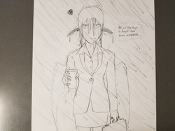 Size: 4032x3024 | Tagged: safe, artist:dj-black-n-white, oc, oc only, oc:yuzu, satyr, annoyed, business suit, clothes, coffee, female, grayscale, monochrome, offspring, rain, simple background, solo, suit, traditional art, wet, wet hair, white background