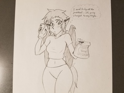 Size: 4032x3024 | Tagged: safe, artist:dj-black-n-white, oc, oc only, oc:yuzu, satyr, belly button, blushing, burger, child bearing hips, clothes, embarrassed, fast food, female, food, grayscale, monochrome, offspring, simple background, soda, solo, traditional art, white background, wide hips