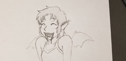 Size: 4032x1960 | Tagged: safe, artist:dj-black-n-white, oc, oc only, oc:yuzu, satyr, vampire, blood, clothes, eyes closed, fangs, female, grayscale, grin, grining, messy eating, monochrome, offspring, simple background, smiling, solo, traditional art, vampirism, white background