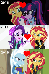Size: 1703x2560 | Tagged: safe, edit, edited screencap, screencap, sci-twi, starlight glimmer, sunset shimmer, trixie, twilight sparkle, equestria girls, equestria girls specials, g4, my little pony equestria girls: better together, my little pony equestria girls: forgotten friendship, my little pony equestria girls: legend of everfree, my little pony equestria girls: mirror magic, beanie, counterparts, female, glasses, hat, lesbian, ship:sci-twishimmer, ship:shimmerglimmer, ship:sunsetsparkle, ship:suntrix, shipping, sunset shimmer gets all the mares, twilight's counterparts