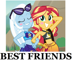 Size: 1022x858 | Tagged: safe, artist:keronianniroro, artist:themexicanpunisher, edit, sunset shimmer, trixie, equestria girls, equestria girls series, forgotten friendship, g4, belly button, best friends, bikini, clothes, duo, duo female, eyes closed, female, midriff, sarong, ship:suntrix, shoulder bag, sunglasses, sunset selfie, swimsuit