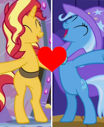 Size: 839x1024 | Tagged: safe, sunset shimmer, trixie, boast busters, equestria girls, equestria girls specials, g4, my little pony equestria girls: better together, my little pony equestria girls: forgotten friendship, bipedal, cute, female, heart, lesbian, ship:suntrix, shipping, shipping domino