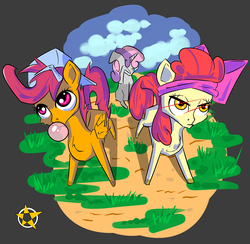 Size: 1025x1000 | Tagged: safe, artist:amberpendant, apple bloom, scootaloo, sweetie belle, earth pony, pegasus, pony, unicorn, g4, bubblegum, crying, cutie mark crusaders, female, filly, food, gum, hat, sad