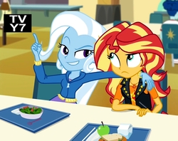 Size: 1024x810 | Tagged: safe, screencap, sunset shimmer, trixie, equestria girls, equestria girls specials, g4, my little pony equestria girls: better together, my little pony equestria girls: forgotten friendship, apple, chair, clothes, diner, food, geode of empathy, jacket, sandwich, tv rating