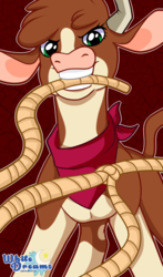 Size: 1761x3000 | Tagged: safe, artist:xwhitedreamsx, arizona (tfh), cow, them's fightin' herds, bandana, community related, eyelashes, female, lasso, looking at you, mouth hold, rope, smiling, solo