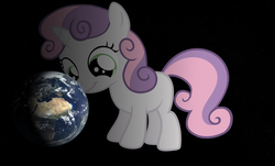 Size: 1584x954 | Tagged: safe, artist:missbeigepony, edit, sweetie belle, pony, unicorn, g4, collage, earth, female, filly, giga giant, macro, mega sweetie belle, pony bigger than a planet, smiling, solo