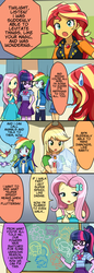 Size: 750x2170 | Tagged: safe, artist:ryuu, applejack, fluttershy, pinkie pie, rainbow dash, sci-twi, sunset shimmer, twilight sparkle, bird, equestria girls, g4, magical mystery cure, my little pony equestria girls: better together, applejack's hat, chalkboard, clothes, comic, cowboy hat, curtains, female, geode of empathy, geode of fauna, geode of shielding, geode of super strength, geode of telekinesis, hairpin, hat, jacket, jewelry, leather jacket, magical geodes, necklace, translation