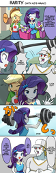 Size: 675x2048 | Tagged: safe, artist:ryuu, applejack, bulk biceps, rarity, equestria girls, g4, magical mystery cure, my little pony equestria girls: better together, bag, baseball cap, cap, clothes, female, geode of shielding, geode of super strength, hairpin, hat, japanese, jewelry, magical geodes, male, necklace, translation, translation request, weight lifting