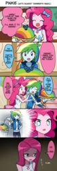 Size: 690x2047 | Tagged: safe, artist:ryuu, pinkie pie, rainbow dash, equestria girls, g4, my little pony equestria girls: better together, secrets and pies, clothes, comic, equestria girls interpretation, female, food, geode of empathy, geode of sugar bombs, geode of super speed, hairband, japanese, jewelry, magical geodes, necklace, pie, pinkamena diane pie, scene interpretation, skirt, this will end in cupcakes, this will end in tears, this will end in tears and/or death, translation, translation request, trash can