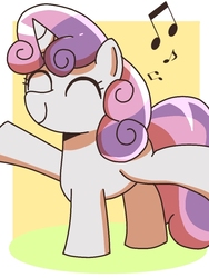 Size: 768x1024 | Tagged: safe, artist:erufi, sweetie belle, pony, unicorn, g4, female, filly, happy, music notes, singing, solo