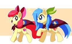 Size: 2021x1243 | Tagged: safe, artist:erufi, apple bloom, oc, earth pony, pony, g4, bow, cape, clothes, cmc cape, duo, duo female, female, filly