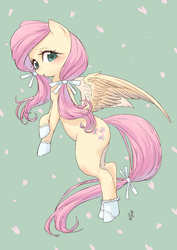 Size: 1000x1414 | Tagged: safe, artist:yanamosuda, fluttershy, pegasus, pony, g4, blushing, bow, clothes, female, looking at you, mare, open mouth, socks, solo, spread wings, white socks, wings