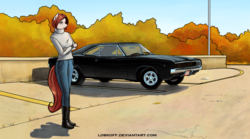 Size: 2373x1320 | Tagged: safe, artist:apocheck13, oc, oc only, anthro, plantigrade anthro, anthro oc, autumn, boots, car, clothes, dodge charger, female, jeans, mare, pants, shoes, solo, sweater, turtleneck