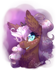 Size: 1018x1315 | Tagged: safe, artist:6-fingers-lover, oc, oc only, oc:chocolate milkshake, pony, bust, chest fluff, female, mare, offspring, one eye closed, parent:cheese sandwich, parent:pinkie pie, parents:cheesepie, portrait, simple background, solo, transparent background, wink