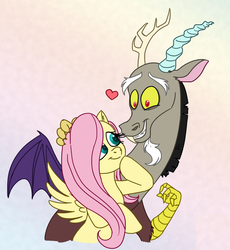 Size: 632x687 | Tagged: safe, alternate version, artist:snowstoat, discord, fluttershy, draconequus, pegasus, pony, g4, female, gradient background, heart, looking at each other, male, ship:discoshy, shipping, smiling, spread wings, straight, wings