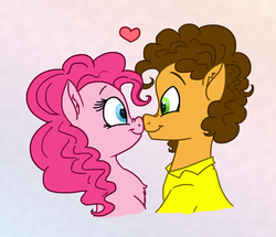 Size: 473x407 | Tagged: safe, alternate version, artist:snowstoat, cheese sandwich, pinkie pie, earth pony, pony, g4, boop, cute, diacheeses, diapinkes, female, gradient background, heart, looking at each other, male, noseboop, ship:cheesepie, shipping, straight