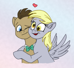 Size: 454x419 | Tagged: safe, alternate version, artist:snowstoat, derpy hooves, doctor whooves, time turner, g4, cute, derpabetes, female, gradient background, heart, hug, male, one eye closed, ship:doctorderpy, shipping, straight