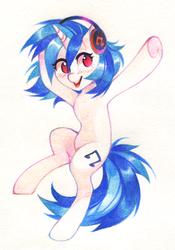 Size: 1087x1555 | Tagged: safe, artist:lispp, dj pon-3, vinyl scratch, pony, unicorn, g4, blushing, colored pencil drawing, female, headphones, mare, simple background, smiling, solo, traditional art, underhoof, white background