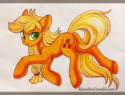 Size: 1200x919 | Tagged: safe, artist:ketty, applejack, earth pony, pony, g4, alternate hairstyle, braid, female, freckles, hatless, looking back, mare, missing accessory, smiling, solo, traditional art