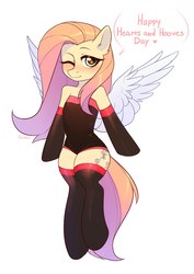 Size: 1528x2160 | Tagged: safe, artist:fensu-san, fluttershy, pegasus, semi-anthro, g4, blushing, clothes, cute, fate/stay night, female, flying, hearts and hooves day, mare, one eye closed, rider, shyabetes, simple background, socks, solo, speech, white background, wink
