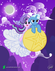 Size: 5005x6435 | Tagged: safe, artist:up-world, starlight glimmer, trixie, pony, unicorn, g4, absurd resolution, clothes, cloud, cute, duo, female, hat, looking at you, mare, moon, rocket, toy interpretation, trixie's hat, trixie's rocket