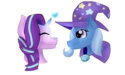 Size: 1024x614 | Tagged: safe, artist:kirbypegasister, starlight glimmer, trixie, g4, female, heart, lesbian, ship:startrix, shipping, smiling