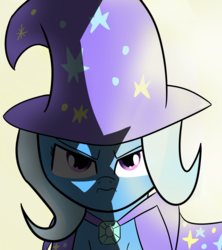 Size: 2589x2916 | Tagged: safe, artist:artiks, trixie, pony, unicorn, g4, cape, clothes, cropped, female, hat, high res, mare, scowl, simple background, solo, trixie's cape, trixie's hat