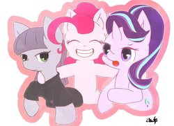 Size: 1536x1118 | Tagged: safe, artist:jawlo, maud pie, pinkie pie, starlight glimmer, earth pony, pony, unicorn, g4, rock solid friendship, clothes, eyes closed, female, magic, mare, side hug, simple background, smiling, trio, white background
