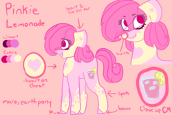 Size: 3000x2000 | Tagged: safe, artist:sodadoodle, oc, oc only, oc:pinkie lemonade, earth pony, pony, cutie mark, eyebrows, female, high res, mare, pattern, reference sheet, simple background, solo, unshorn fetlocks, writing