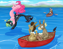 Size: 6600x5100 | Tagged: safe, artist:kellythedrawinguni, cranky doodle donkey, matilda, pinkie pie, zecora, oc, oc:marina (efnw), donkey, orca pony, original species, pony, g4, absurd resolution, boat, brenda crichlow, everfree northwest, ocean, pinkie being pinkie, richard newman, toupee