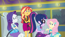 Size: 1280x720 | Tagged: safe, screencap, fluttershy, rarity, sci-twi, sunset shimmer, twilight sparkle, equestria girls, g4, my little pony equestria girls: better together, road trippin, female, tour bus