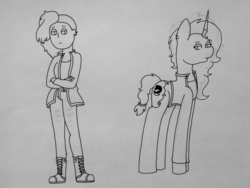 Size: 1600x1200 | Tagged: safe, artist:calibykitty, oc, oc:midnight, oc:midnight specter, alicorn, human, pony, alicorn oc, belt, boots, clothes, crossed arms, duo, ear piercing, earring, female, jacket, jeans, jewelry, leather jacket, lineart, mare, pants, piercing, punk, self insert, shaved head, shoes, sidecut, sketch, undercut