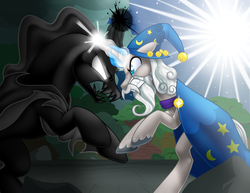 Size: 6600x5100 | Tagged: safe, artist:kellythedrawinguni, pony of shadows, star swirl the bearded, pony, unicorn, g4, shadow play, absurd resolution, bill newton, chris britton, duo, everfree northwest, glowing horn, horn, magic