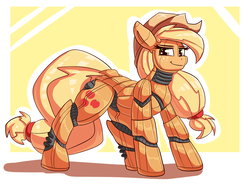 Size: 3500x2592 | Tagged: safe, artist:graphene, applejack, earth pony, pony, robot, robot pony, g4, abstract background, applebot, applejack's hat, cowboy hat, cutie mark, female, hat, high res, hooves, looking at you, mare, roboticization, smiling, solo