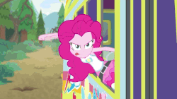 Size: 589x329 | Tagged: safe, screencap, pinkie pie, equestria girls, g4, my little pony equestria girls: better together, road trippin, animated, bust, candy, explosion, female, food, forest, geode of sugar bombs, road, tree trunk