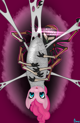 Size: 792x1224 | Tagged: safe, artist:edgarkingmaker, pinkie pie, oc, oc:morthax (spider), pony, spider, g4, bondage, cocoon, female, hanging, hanging upside down, male, open mouth, open smile, smiling, spider web, suspended, upside down