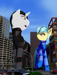 Size: 2400x3150 | Tagged: safe, artist:styroponyworks, oc, oc only, oc:hot rod, oc:ultramare, earth pony, pony, building, car, city, clothes, commission, giant pony, giant unicorn, high res, macro, open mouth, street, suit, vehicle, walking