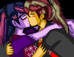 Size: 6600x5042 | Tagged: safe, artist:takrontoxicity, sci-twi, sunset shimmer, twilight sparkle, equestria girls, g4, absurd resolution, alternate clothes, alternate hairstyle, clothes, eyes closed, female, glasses, kissing, lesbian, rocker, ship:sci-twishimmer, ship:sunsetsparkle, shipping, traditional art