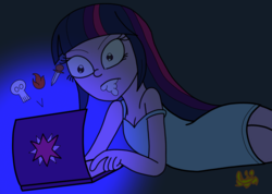 Size: 2852x2033 | Tagged: safe, artist:missmagnificence, twilight sparkle, equestria girls, g4, clothes, computer, female, foaming at the mouth, high res, laptop computer, nightgown, shitposting, solo