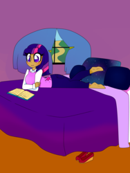 Size: 1944x2592 | Tagged: safe, artist:galaxiedream, twilight sparkle, human, g4, barefoot, bed, book, clothes, dark skin, feet, female, flats, humanized, mary janes, reading, shoes, solo