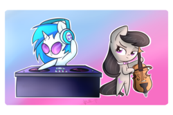 Size: 3000x2000 | Tagged: safe, artist:vcm1824, dj pon-3, octavia melody, vinyl scratch, earth pony, pony, unicorn, g4, cello, chibi, duo, gradient background, headphones, high res, musical instrument, turntable