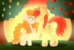 Size: 3000x2000 | Tagged: safe, artist:vcm1824, bright mac, pear butter, earth pony, pony, g4, the perfect pear, apple tree, applejack's parents, cowboy hat, eyes closed, female, hat, high res, male, mare, pear tree, ship:brightbutter, shipping, smiling, stallion, stetson, straight, tree, unshorn fetlocks