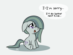 Size: 600x450 | Tagged: safe, artist:glimglam, marble pie, g4, crying, dialogue, female, floppy ears, gray background, hair over one eye, open mouth, sad, simple background, sitting, solo